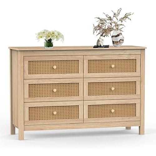 6 Drawer Double Dresser for Bedroom, 47.2" Rattan Chest of Dressers with Storage and Wood Handle, Beside Table for Closet, Living Room and Entryway, Natural