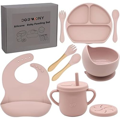 100% Silicone Baby Feeding Set,BPA Free Baby Dishes Set with Suction Bowl Divided Plate,Toddler Self Feeding Dish Set with Spoons Forks Sippy Cup and Bib, Baby Eating Utensils (Pink)