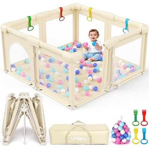 Baby Play Pen Foldable Playpen for Babies and Toddler 2 Entry Beige 50"X50"