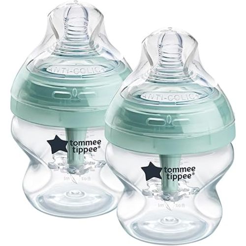 Tommee Tippee Advanced Anti-Colic Baby Bottles, 0m+, Pack of 2, 5oz Baby Bottles, with Slow Flow Breast-Like Nipple for Natural Latch, Self-Sterilizing and BPA Free, Baby Feeding Essentials