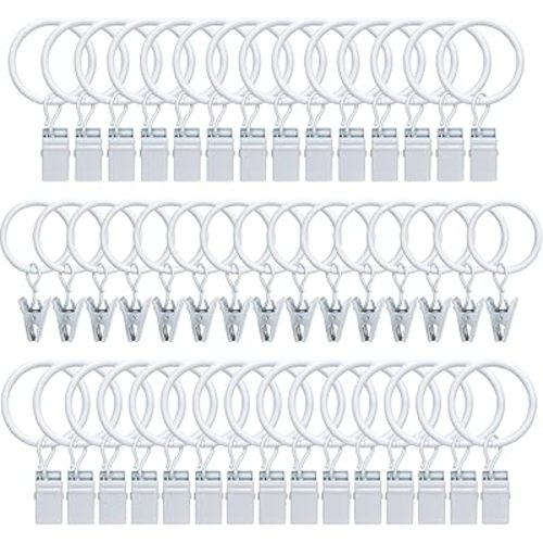 44 Pack Metal Curtain Rings with Clips, Drapery Clips with Rings, Curtain Hangers Clips, Drapes Rings 1 inch Interior Diameter,White
