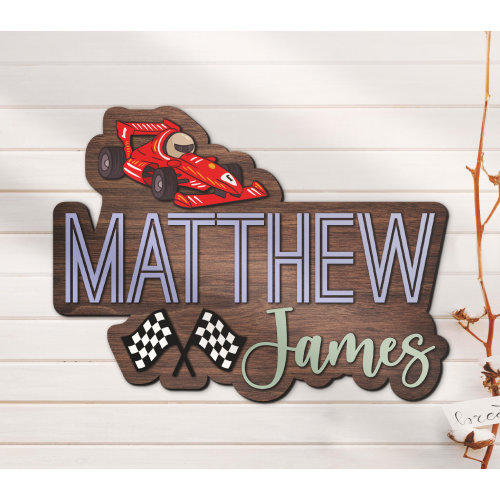 Custom Race Car Wood Nursery Name Sign Personalized Wooden Sprint Car Racing Checkered Flag Wall Decor Baby Shower Boy Girl Birthday Gift