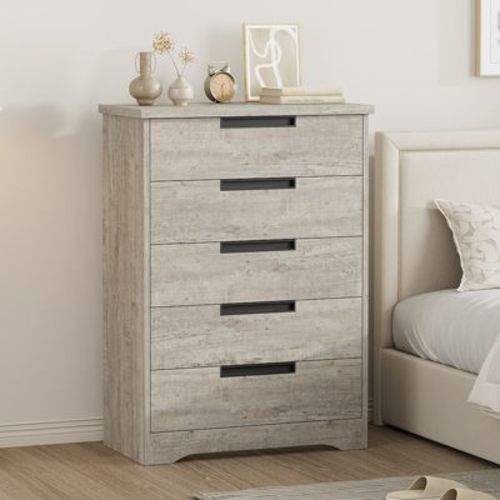 5 Drawer Dresser For Bedroom, Natural Dresser Chest Of Drawers With Embedded Handles Design, Wooden Dresser Organizer For Living Room Nursery Hallway