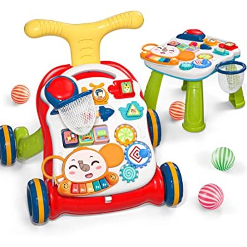 CUTE STONE Sit-to-Stand Learning Walker, 2 in 1 Baby Walker, Early Educational Child Activity Center, Multifunctional Removable Play Panel, Baby Music Learning Toy Gift for Infant Boys Girls