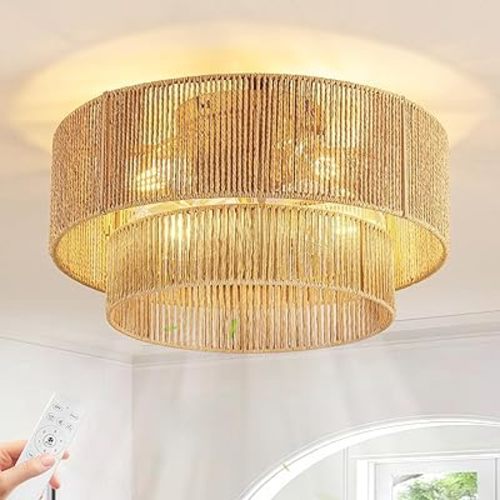 Boho Caged Ceiling Fan with Light Flush Mount, Handwoven Layered Rattan Fandelier with Remote Control & 6-Speed Reversible, Gold Low Profile Chandelier for Bedroom, Living Room, Girls Room, Nursery