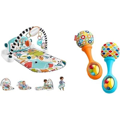 Fisher-Price Baby Activity Mat Glow and Grow Kick & Play Piano Gym & Newborn Toys Rattle 'n Rock Maracas, Set of 2 Soft Musical Instruments for Babies 3+ Months, Blue Orange