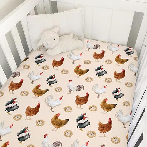 Farm Hens Roosters Baby Crib Sheet 52''x28'' Farmhouse Chicken Eggs Snug Fitted Crib Mattress Cover for Boy Girl Watercolor Farm Birds Soft Baby Sheets for Standard Crib Toddler Mattress Cover