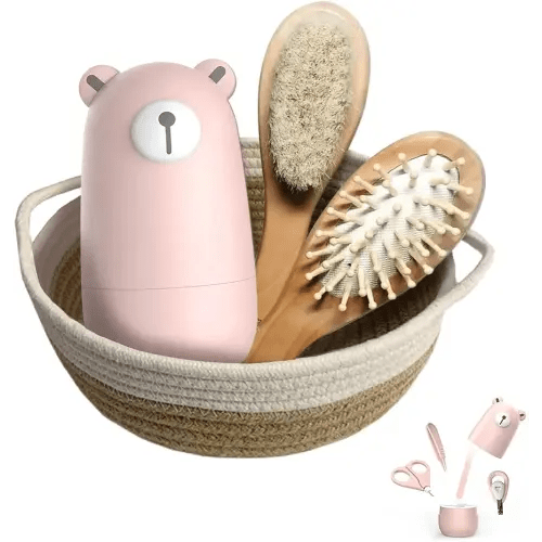 Baby 7 in 1 Grooming Set, Nail Scissors, Nail File, Tweezers, Natural Wood Hair Comb, Storage Basket for Children and Newborns in Beautiful Gift Box