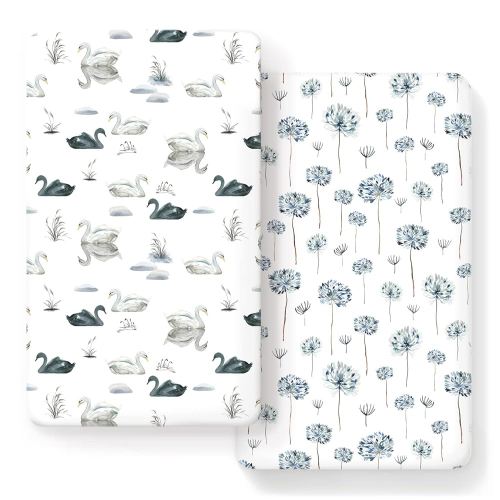 Stretch Ultra Soft Jersey Knit Fitted Crib Sheets Set 2 Pack, Fits All Standard Crib Mattress Pads Safe and Snug, Crib Fitted Sheet for Baby, Pretty Swan/Watercolor Dandelion for Baby