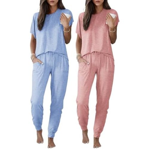 Ekouaer 2 pack Pajama Sets for Womens Jogger Pants Pjs Short Sleeves Lounge Set Soft Sleepwear with Pockets