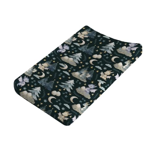 Fairytale Dragons Baby Changing Table Pad Covers Boy Girl 32''x16'' Cute Dragons Eggs Moon Stars Trees Fitted Diaper Change Table Mats Dreamy Animal Soft Breathable Nursery Cradle & Bassinet Sheets