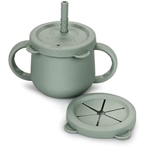 Baby Straw Cup Silicone Toddler Sippy Cup with Straw & Snack Lid, Sprill Proof Training Cup for Infant 6+ Months, Kid Snack Cup Drinking Open Cup 8 OZ (Sea Grey)