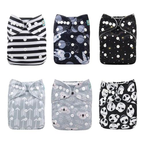 ALVABABY Baby Cloth Diapers 6 Pack with 12 Inserts One Size Adjustable Washable Reusable for Baby Girls and Boys (6DM80)