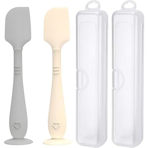 2 Pack Diaper Cream Spatula with Hygienic Travel Case, Baby Butt Paste Spatula with Suction Base, Soft Silicone Diaper Rash Cream Applicator Large Size (Gray & Offwhite)
