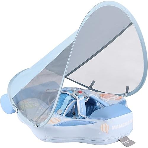 Newest Mambobaby Baby Swim Float with Canopy Non-Inflatable Infant Pool Float with Tail 3-24 Months Avoid Flip Solid Skin-Friendly Material for Toddler Boys Girls
