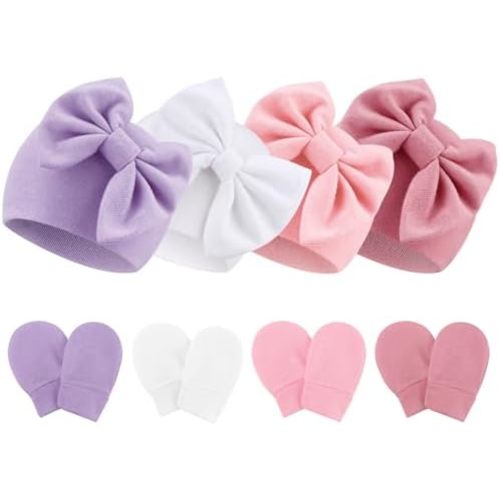 Newborn Baby Hats and Mittens Set Infant Bow Beanie Cap Toddler Gloves Newborn Hospital Hats for Baby Boy Girl 0-6 Months
