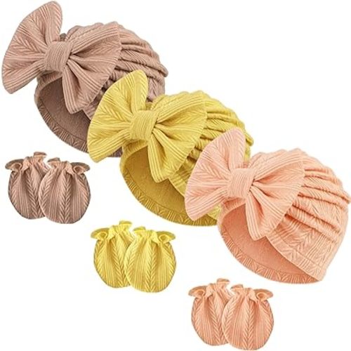 BQUBO Newborn Baby Hospital Hats Beanie Bow Infant Caps Baby Cotton No Scratch Mittens Set for 0-12 Months