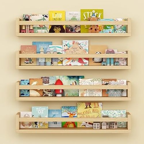 Set of 4 Wall-Mounted Kid's Bookshelf - Wood Floating Nursery Book Shelves - Durable Wood Construction - Ideal for Nursery Decor, Kids Room, Toy Storage