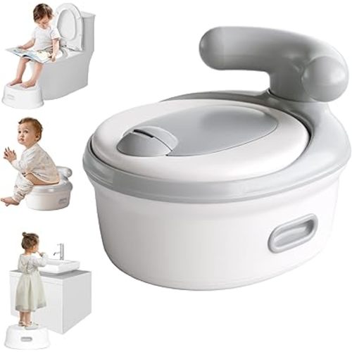 3-in-1 Potty Training Toilet&Potty Training Seat&Step Stool,Toddler Potty with Splash Guard,Toddler Toilet with Comfortable Backrest,Easy to Clean Potty Training Seat for Boy Girl(Gray)