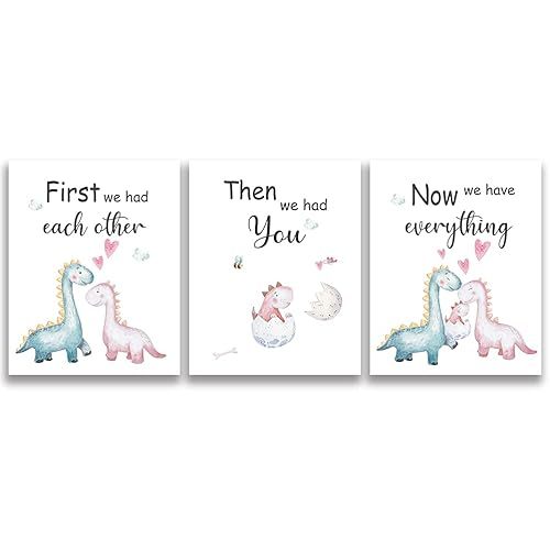 SUUURA-OO Cute Baby Dinosaur Watercolor Art Print poster, Set of 3 (8”X10”) Balloon Dinosaur Family Love Quote Wall Art Poster, Living Room Bedroom Home Decor Nursery Art Printing,Unframed (girl)