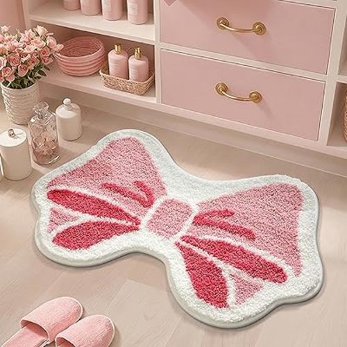 Absorbent Pink Bow Bath Rug, Extra Thick Bathroom Mat, Non-Slip Mat for Girls Bedroom, Machine Washable, Pink Butterfly, 16" X 24"