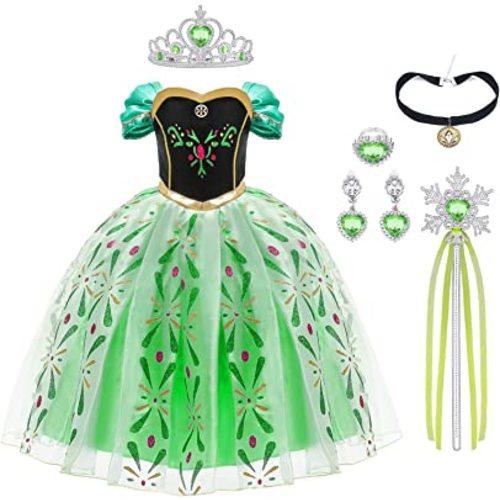 URAQT Girls Princess Dress Snow Party Cosplay Fancy Dress Princess Costume Dress for Little Girls with Wand Crown Tiara
