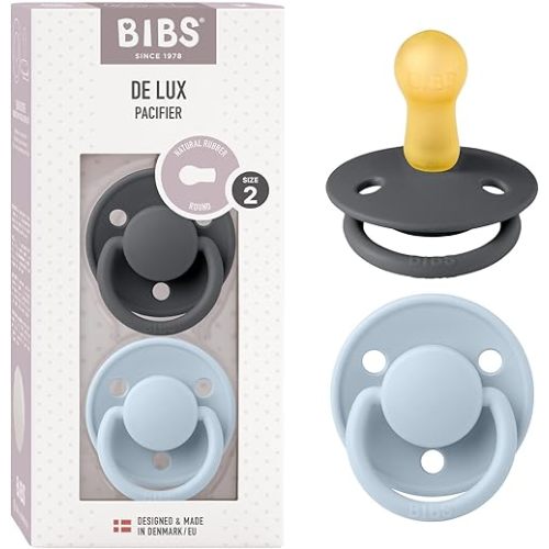 BIBS Pacifiers - De Lux Collection | BPA-Free Baby Pacifier | Made in Denmark | Set of 2 Iron/Baby Blue Color Premium Soothers | Size 6-18 Months
