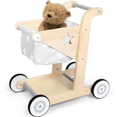 Asweets 2 in 1 Wooden Baby Walker Push and Pull Doll Stroller,Shopping Cart Learning Walker for Boys and Girls Sit Stand Learning Walker Toddler Toy
