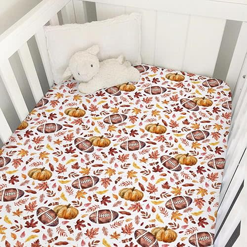 Watercolor Fall Football Pumpkin Leaves Baby Crib Sheets 52''x28'' Autumn Football Snug Fitted Crib Mattress Cover for Boy Girl Sports Lover Gift Soft Bed Sheet for Standard Crib Toddler Mattress