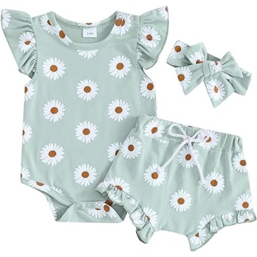 Infant Baby Girl Summer Outfit Daisy Print Sleeveless Romper + Ruffle Bloomer Shorts + Headband Newborn Clothes Set