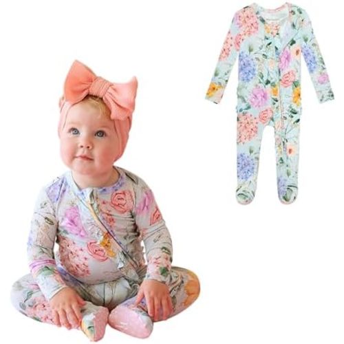 Posh Peanut Footie Pajamas for Baby Girls – Sleepers in Viscose from Bamboo with 2-Way Zipper & Ruffle Trim