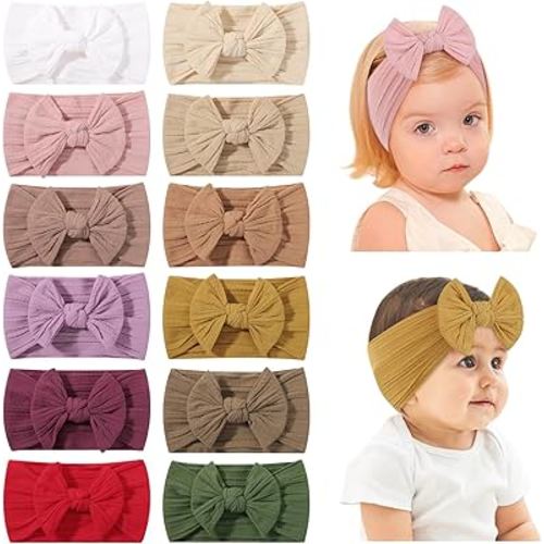 jollybows 12pcs Baby Girls Nylon Headband with Bow Newborn Hairbands Infant Hair Bow Elastics Handmade Hair Accessories for Toddlers Kids