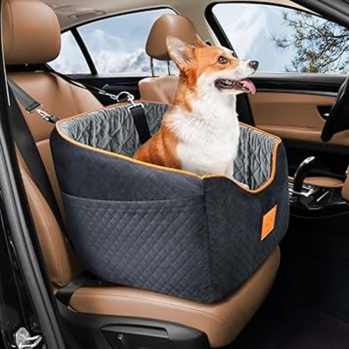 Dog Car Seat for Small Dogs, Memory Foam Booster Dog Seat for Dogs up to 35 lbs, Elevated Pet Car Seat, Travel Safety Car Seat with Washable Removable Cover, Storage Pockets (Black/Gray)