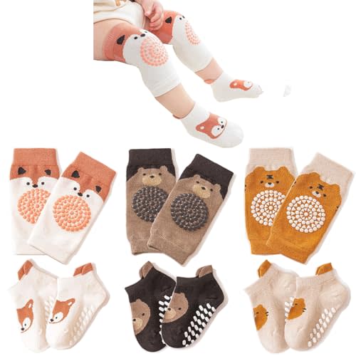 TFTSR Baby Knee Pads for Crawling (3 Pairs) and Baby Socks for Walking (3 Pairs), Walking Protector for Toddler Kid Girls Boy