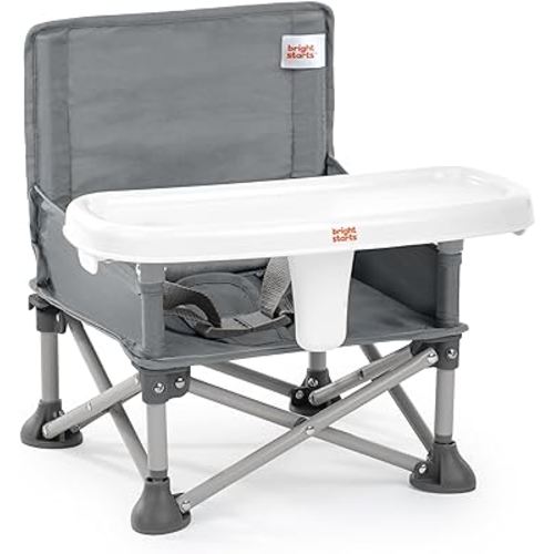 Bright Starts Pop 'N Sit Portable Booster, Indoor/Outdoor Use, Floor Seat with Feeding Tray, Grey, 6 Mos - 3 Yrs