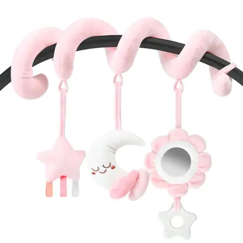 Spiral Car Seat & Stroller Activity Toy, Crib Hanging Rattles Toys for Ages 0-12 Months, Mirror, Textured Ribbons, Squeaky Carseat Stroller Toys, Newborn Baby Girl Gifts