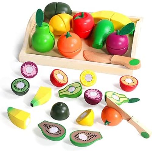 Fajiabao Wooden Play Food Set for Kids Kitchen Montessori Toddlers Toys 1-3 Pretend Cutting Fruit Educational Easter Birthday Gifts for Girls Boys 2 3 4 Year Old