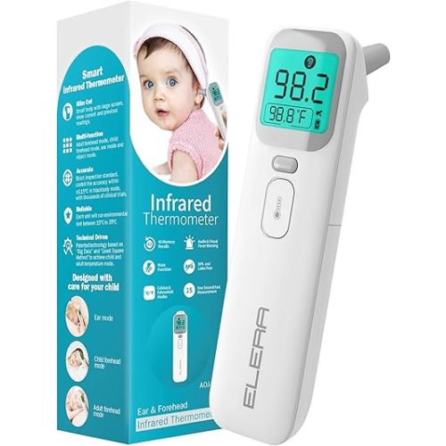 Elera Ear Thermometer for Kids, Baby Thermometer with Forehead and Ear Mode for Adults, Infant, Kids and Toddler, Touchless and 1 Second Reading with Fever Alarm and Mute Function, LCD