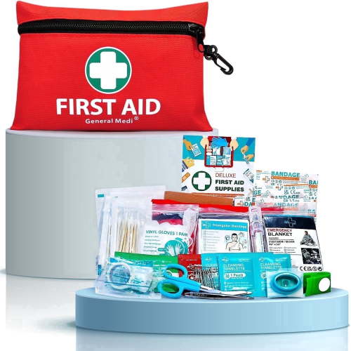 General Medi Mini First Aid Kit 110 Pieces Red Emergency Bag - Compact and Lightweight First Aid Bag, for Emergency at Home, Car, Camping(7.5x5.1 Inch)