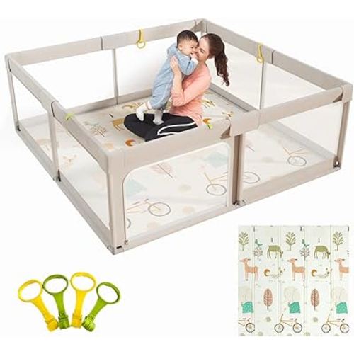 Mloong Baby Playpen with Mat, 59x59 Inches Extra Large Playpen for Babies and Toddlers, Indoor & Outdoor Activity Center, Safety Baby Fence with Gate