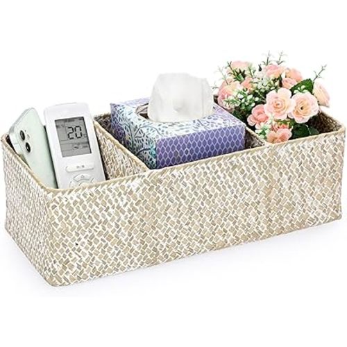 Hipiwe Seagrass Storage Basket Bin- 3 Sections Hand-Woven Toilet Basket Wicker Shelf Basket Bathroom Organizer Bins for Shelves, Kitchen, Pantry, Closets, Toilet Paper Tissue Organizer