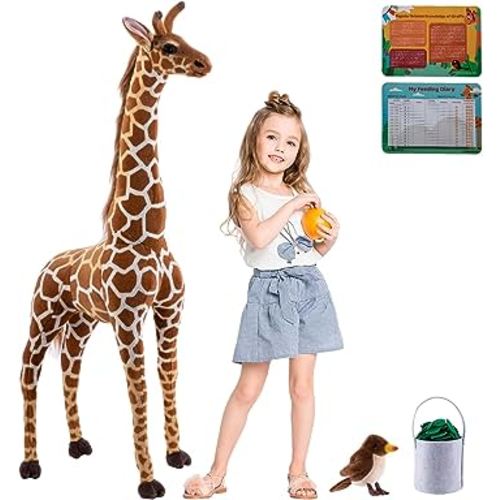 47” Large Giraffe Stuffed Animal Set, Giant Giraffe Plush Toys w/Birds, Leaves, Basket, Tall Giraffe Toy Standing Lifelike Stuffed Giraffe Gift for Kids Nursery Baby Shower Party
