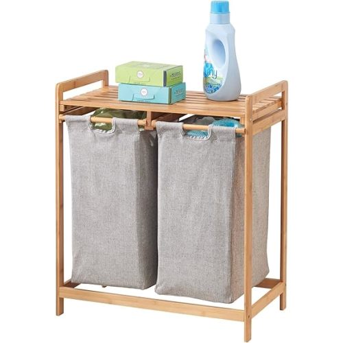 mDesign Freestanding Bamboo 2 Section Double Laundry Organizer Hamper with Removable Storage Sorter Bags, Space-Saving Basket Duo with Handles for Clothes/Linens - Echo Collection - Natural/Tan