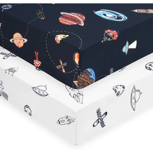 PHF Soft Space Crib Sheet Fitted, 2 Pack Silky Comfy Breathable Polyester Baby Sheets for Boys Girls,28x52x9in Fits Standard Crib and Toddler Mattresses, Space