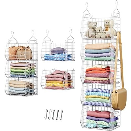 5 Tier Closet Hanging Organizer, Clothes Hanging Shelves with 4 Hanging Hooks 5 S Hooks, Wire Storage Basket Bins, for Clothing Sweaters Shoes Handbags Clutches Accessories Patent Design-White