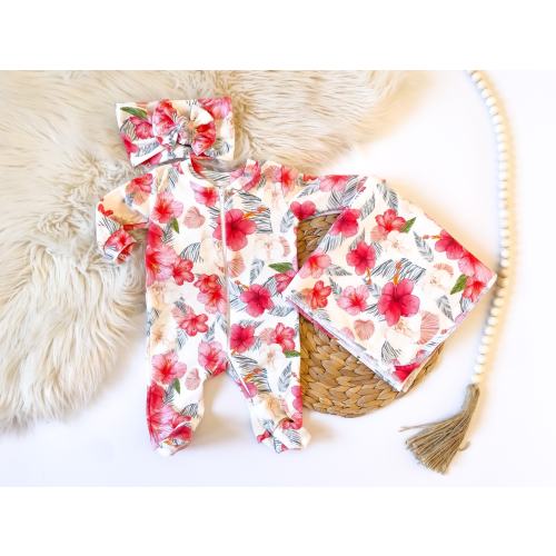 Baby Girl Coming Home Outfit // Newborn Footies // Organic Cotton summer hibiscus Floral: Footies, Tie Headband, Swaddle, Mitts