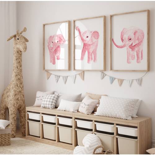 Pink Elephant Girl Nursery Decor Print set of 3