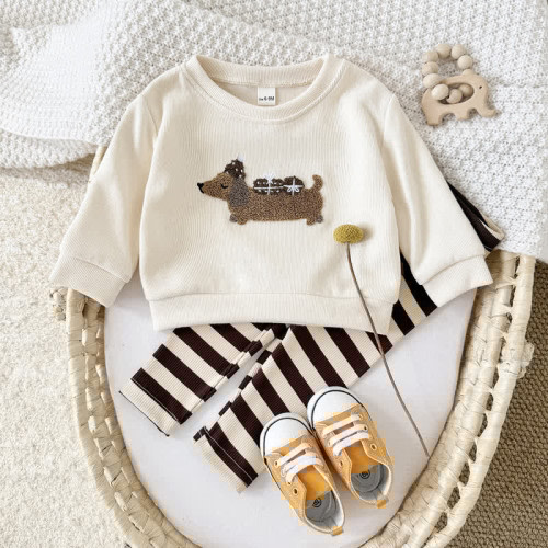 Baby 2-Piece Embroidered Dachshund Striped Set