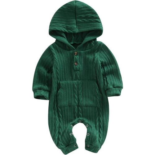 Ynibbim Winter Newborn Baby Boy Girl Solid Romper Unisex Infants Hooded Outfit Clothes Waffle Cotton Button Jumpsuits