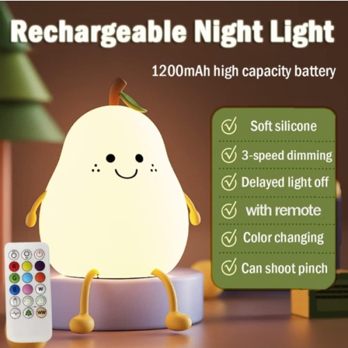 Night Light for Kids,Cute Silicone Nursery Pear Lamp for Baby and Toddler,Fruit NightLight with Remote, Squishy Night Lamp for Bedroom,Kawaii Bedside Lamp for Boys Girls Room - Pear-Remote